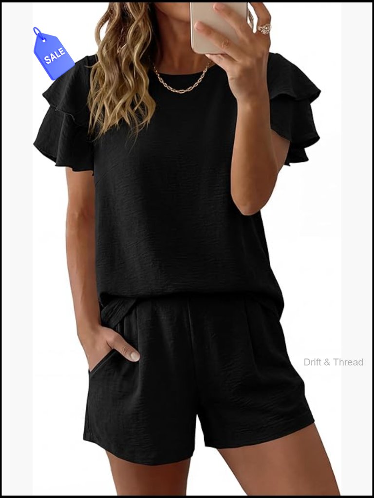 Loose Fit 2-Piece Short Set, Polyester Lounge Wear, Summer Travel Outfit